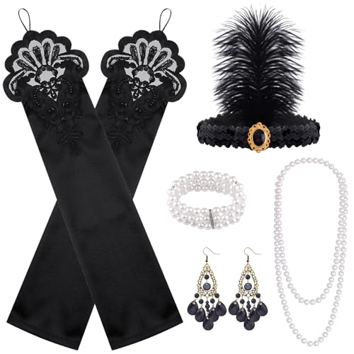 FEPITO 8 teilig 1920er Flapper Great Gatsby Accessoires Set Fashion Roaring 20's Theme Set mit Stirnband Kopfschmuck Lange schwarze Handschuhe Halskette Ohrringe für Damen（Set E） von FEPITO