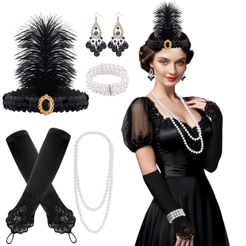 FEPITO 8 teilig 1920er Flapper Great Gatsby Accessoires Set Fashion Roaring 20's Theme Set mit Stirnband Kopfschmuck Lange schwarze Handschuhe Halskette Ohrringe für Damen（Set E） von FEPITO