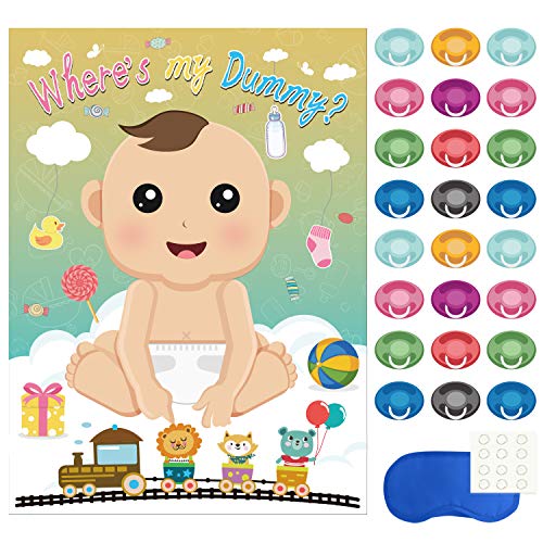 FEPITO Baby Shower Party Spiele, Pin The Dummy auf das Baby-Spiel mit 24Pcs Schnuller-Aufklebern für Babyparty Partei Versorgungen von FEPITO