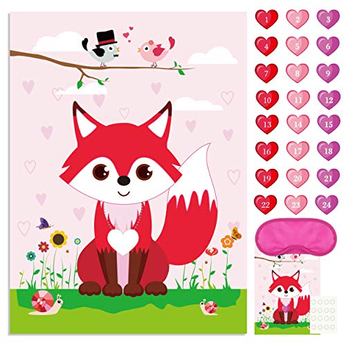 FEPITO Pin das Herz auf dem Fuchs Valentinstag Spiel mit 24 Stück Herz Sticker für Valentinstag Party Supplies, Kindergeburtstag Party Dekoration von FEPITO