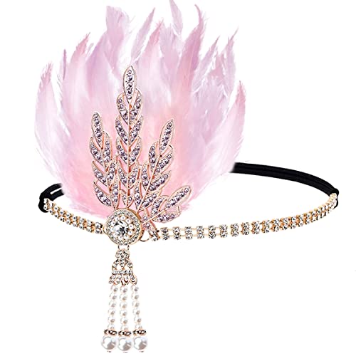 FERCAISH 1920er Jahre Flapper Stirnband, brüllende 20er Jahre Rosa Feder Kristall Stirnband Junggesellenabschied Feder Stirnband, Great Haarschmuck für Frauen (Rosa) von FERCAISH