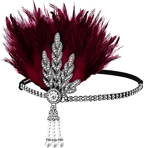 FERCAISH 1920er Jahre Flapper Stirnband, brüllende 20er Jahre Rote Feder Kristall Stirnband Bachelor Party Feder Stirnband, Great Haarschmuck für Frauen (Rot) von FERCAISH