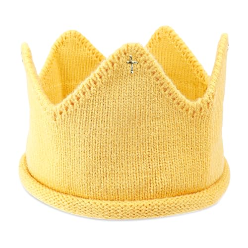 FERCAISH Baby Geburtstag Krone Stirnband, Mädchen Krone Strickmütze Stoff, Baby-Krone Kopfschmuck, Für Kinder Geburtstags Partyhüte Baby Taufe Deko (Gelb) von FERCAISH