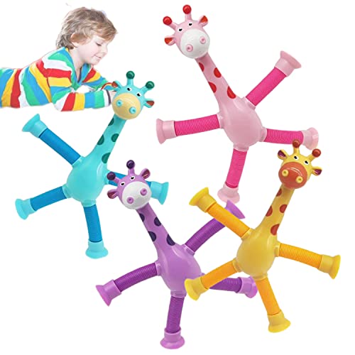 Teleskop Saugnapf Giraffe Spielzeug, 4pcs Telescopic Suction Cup Giraffe Toy, Fidget Pop Tube Toys, Lustiges Pädagogisches Giraffen Teleskoprohr Saugnapf Spielzeug, Interaktives Lernspielzeug von FERKOS