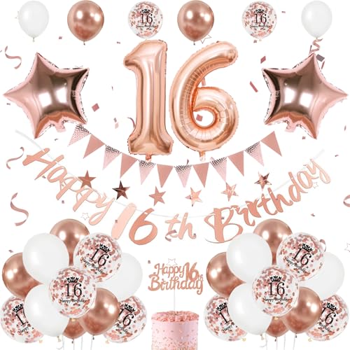 Luftballon 16. Geburtstag Roségold, 16 Geburtstag Mädchen Deko für 16. Geburtstag Mädchen Ballon 16. Geburtstag mit Banner Zahl 16 Ballons Geburtstag Tortendeko Ballon 16 Deko zum Geburtstag Mädchen von FEYG