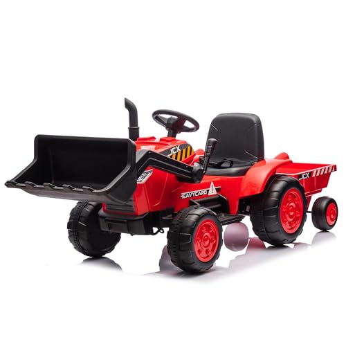 Kinder Traktor mit Anhänger & Schaufel, Elektrischer Aufsitztraktor inkl. 2.4G Fernbedienung & Bluetooth, Kindertraktor mit FM Musik USB, Kinderfahrzeug für ab 3-8 Jahren (Rot) von FEZTOY