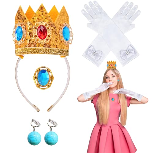 4 Stück Prinzessin Zubehör Kostüm,Prinzessin Kostüm Damen Zubehör,Peach Kostüm Zubehör Set,Princess Peach Mit Krone/Ohrringe/Handschuhe/Brosche,für Dekoration,Tanzpartys Und Rollenspiele Halloween von FFTANXS