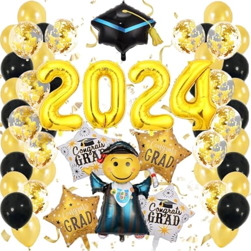 Graduation Deko 2024 Ballons,Schwarz Gold Abschluss Deko XXL Folienballon Mit Abschlussfeier Graduation Hat,Abitur 2024 Ballon für Abschlussfeier Party Dekoration,54 Pcs Set Bachelor Geschenk von FFTANXS