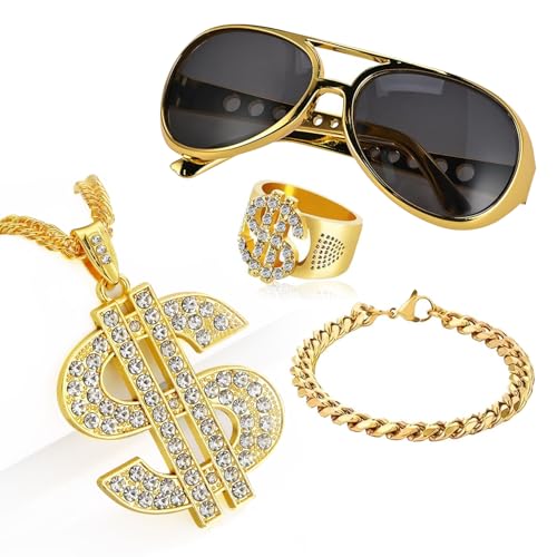 4 Stück Zuhälter Kostüm Zubehör,70 80 90er Jahre Outfit Herren Scheich Kostüm Zubehör HipHop Mit Dollar Halskette Gangster Gang Sonnenbrille Armbänder Ring,Für Rapper Kostüm Kinder Karneval Cosplay von FFTANXS