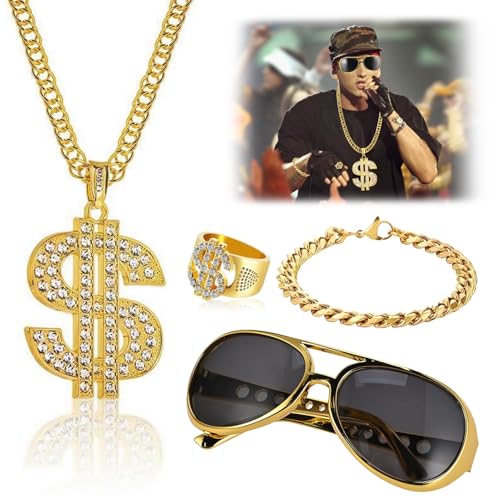 FFTANXS 4 Stück Zuhälter Kostüm,80er Jahre Accessoires,90er Jahre Outfit Herren Hip Hop Rapper Mit Goldkette,Sonnenbrille,Ringe,Armband,Goldkette Herren Geeignet Mottoparty Fasching Karneval Cosplay von FFTANXS