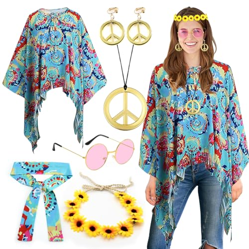 FFTANXS 6 Stück Hippie Kostüm Damen,Hippie Kleidung Damen,60er 70er Jahre Accessoires mit Blumen Stirnband/Retro Sonnenbrille/Frieden Zeichen Ohrringe/Friedenszeichen Halskette für Karneval Hallowee von FFTANXS