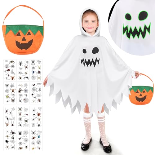 Geister Kostüm Kinder Weißer Leuchtendem,Halloween Geist Kostüm Kapuzenplüsch,Halloween Kostüm Kinder Geist mit KürbisBag und Tattoo-Aufkleber,Halloween Umhang Kinder für Halloween,Karneval,Mottoparty von FFTANXS