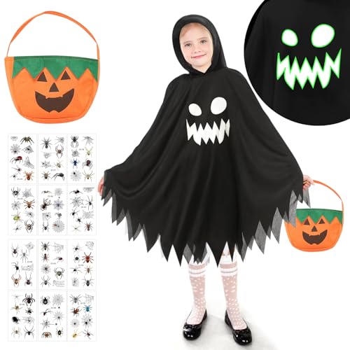 Geister Kostüm Kinder Schwarz Leuchtendem,Halloween Geist Kostüm Kapuzenplüsch,Halloween Kostüm Kinder Geist mit KürbisBag und TattooAufkleber,Halloween Umhang Kinder für Halloween,Karneval,Mottoparty von FFTANXS