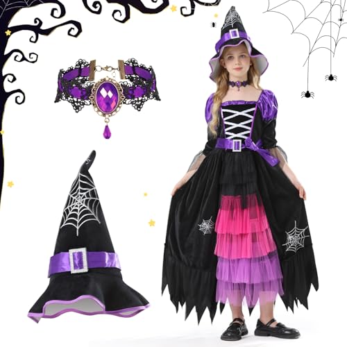 Hexenkostüm Kinder Schwarz Lila,Hexenkostüm Mädchen,Halloween Kostüm Kinder Hexe,Hexe Kostüm Kinder mit hexenhut und Halskette,Kostüm Hexe Kinder für Thema Karneval Party Cosplay,Geeignet 10-12 Jahren von FFTANXS