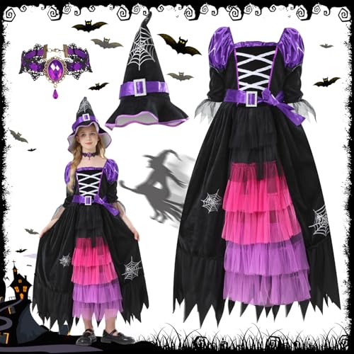 Hexenkostüm Kinder Schwarz Lila,Hexenkostüm Mädchen,Halloween Kostüm Kinder Hexe,Hexe Kostüm Kinder mit hexenhut und Halskette,Kostüm Hexe Kinder für Thema Karneval Party Cosplay,Geeignet 4–6 Jahren von FFTANXS