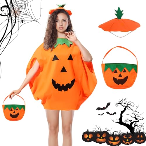 FFTANXS Halloween Kostüm Damen,Kürbis Kostüm Erwachsene,Kürbis Kostüm Mit Kürbishut Und Candy Bag,Kürbis Kostüm Mädchen,Halloween Kürbis Kostüm Eignet Sich für Halloween Party Karneval,Unisex von FFTANXS