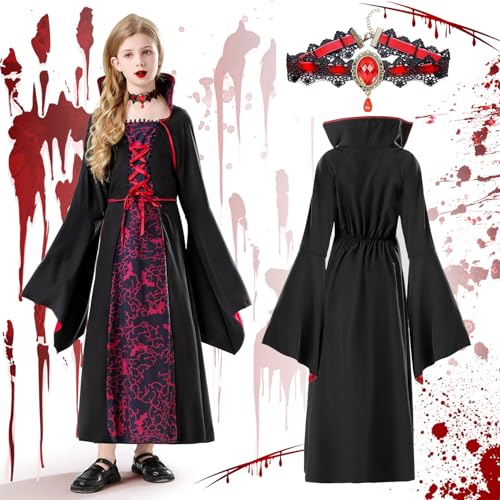 Vampir Kostüm Kinder,Vampir Kostüm Mädchen,Vampir Kostüm Gothic,Vampir Kostüm Kinder Mädchen Mit Vampir Halskette,Karneval Mottoparty Dracula Cosplay Party,Geeignet für Kinder Alter von 10-12 Jahren von FFTANXS