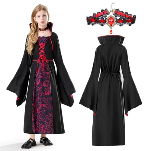 Vampir Kostüm Kinder,Vampir Kostüm Mädchen,Vampir Kostüm Gothic,Vampir Kostüm Kinder Mädchen Mit Vampir Halskette,Karneval Mottoparty Dracula Cosplay Party,Geeignet für Kinder Alter von 10-12 Jahren von FFTANXS