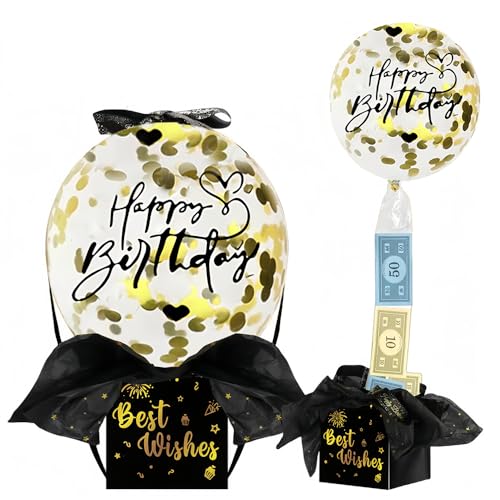 FFWTPY Geldgeschenke Geburtstag Überraschungsbox mit Luftballons Schwarz-Gold Geschenkbox mit Herausziehbaren Geld Geburtstagsdeko Surprise Box für Eltern Kinder Liebe Menschen von FFWTPY