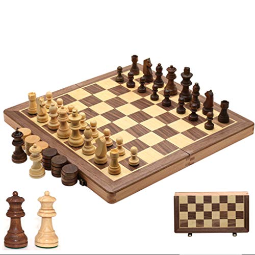 2-in-1-Schachspiel aus Holz, international, 2 zusätzliche Damen, handgefertigt, tragbares Reiseschach und Dame mit Aufbewahrung von FGDIUCVN