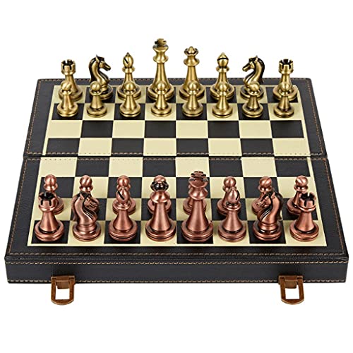 Chess International Schachspiel mit klappbarem Schachbrett aus Leder oder Holz und handgefertigtem Standard-Schachspiel aus Metall und Kupfer, 11 Zoll großes Schachbrett- von FGDIUCVN