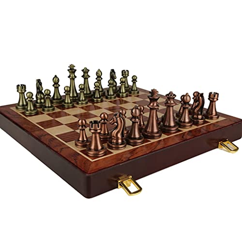 Internationales Schachspiel mit klappbarem Schachbrett aus Holz und klassischen handgefertigten Standardfiguren, Schachspiel aus Metall für Erwachsene und Kinder von FGDIUCVN