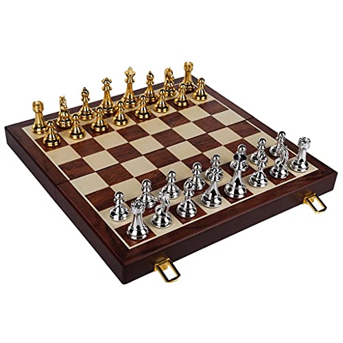 Internationales Schachspiel mit klappbarem Schachbrett aus Holz und klassischen handgefertigten Standardfiguren, Schachspiel aus Metall für Erwachsene und Kinder von FGDIUCVN