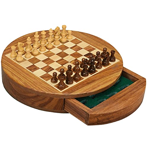 Reiseschachspiele für Erwachsene Magnetisches Schachspiel Holzschachspiel Rundes Schachbrett mit integrierten Schubladen Schachbrettspielsets für Kinder Tragbare Schachs von FGDIUCVN