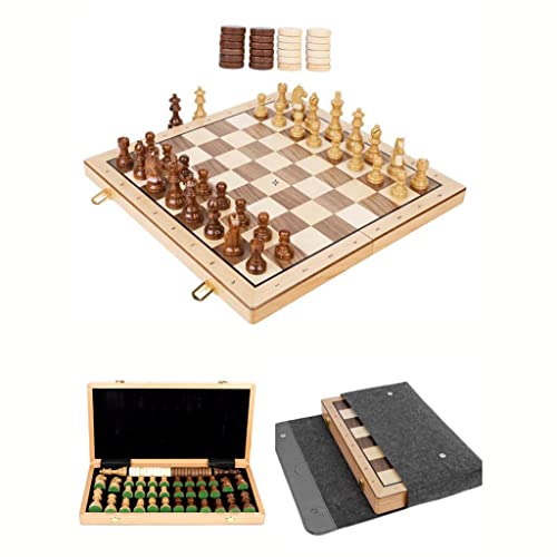 Schach, zusammenklappbar, handgefertigt, Schachspiel aus Holz, Schachbrett 39 x 38 cm, 34 Schachfiguren, 24 Damesteine und Aufbewahrungstasche von FGDIUCVN