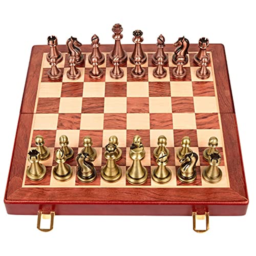 Schach Internationales Schachspiel mit klappbarem Schachbrett aus Leder oder Holz und handgefertigtem Standard-Schachspiel aus Metall und Kupfer, 11 Zoll großes Schachbre von FGDIUCVN