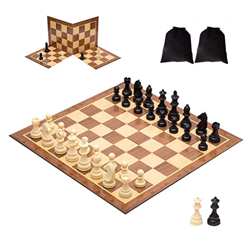 Schachbrett, einzigartiges Schachspiel aus Holz, Reiseschach mit Flanelltasche und 2 zusätzlichen Damen, Schachbrett, zusammenklappbares Schachspiel für den Außenbereich, von FGDIUCVN