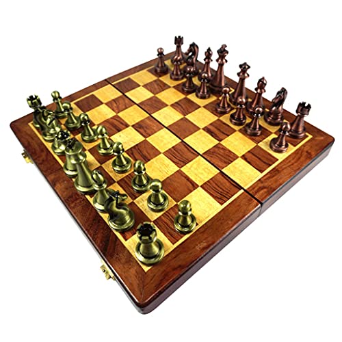 Schachbrett, tragbares Schachspiel, zusammenklappbares Schachspiel aus Metall, Schachspiel mit Aufbewahrung für Retro-Schachfiguren aus kupferbeschichtetem Metall, Holzb von FGDIUCVN