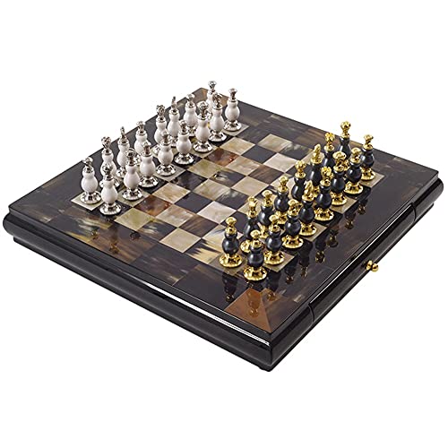 Schachbrett-Set, tragbares Schachspiel aus Holz mit Massivholzpalette, Aufbewahrungsschublade im Inneren, handgefertigtes Schachspiel, metallbeschichtetes Schach, 15,7 x von FGDIUCVN