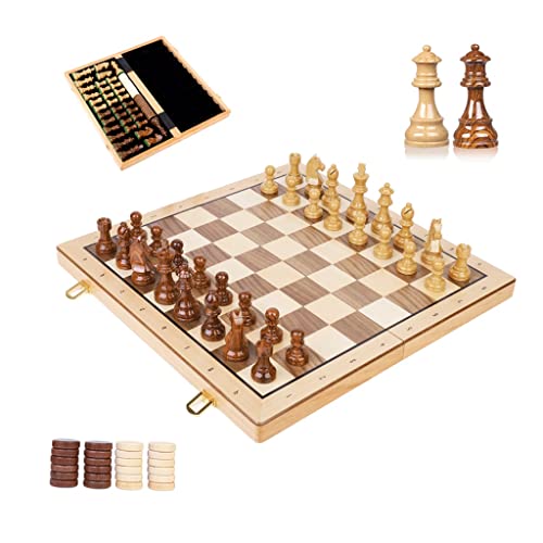 Schachspiel 2-in-1-Schachspiel 15,3-Zoll-Schach- und Dame-Set aus Holz mit Aufbewahrungsfächern für die Figuren Reiseschachbrett-Set für Erwachsene, 2 zusätzliche Damen S von FGDIUCVN