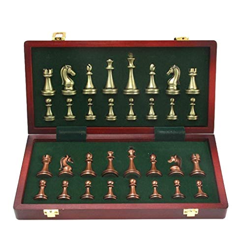 Schachspiel als Geschenk, großes Deluxe-Schach aus Metall, Retro-Schach aus verkupferter Legierung, Erwachsenen-Brettspiel, tragbare Aufbewahrungsbox aus Holz, faltbares von FGDIUCVN