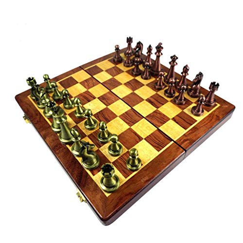Schachspiel als Geschenk, zusammenklappbar, aus Holz, für unterwegs, internationales Set mit Metallstücken, Schachspiel mit Aufbewahrungsfächern von FGDIUCVN