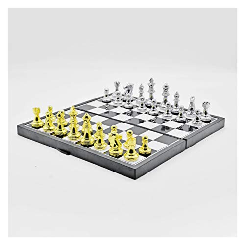 Schachspiel aus Metall für unterwegs, Schachfiguren aus Gold und Silber, faltbares Schachbrett in Schwarz und Weiß, Lernspiel für Erwachsene und Kinder, Schachspiele von FGDIUCVN