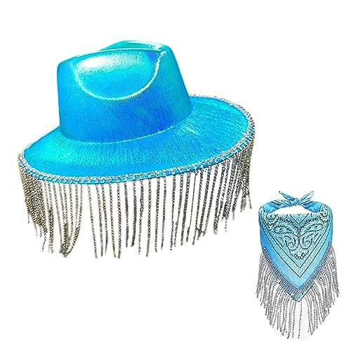 FGDTREE Schimmernde Quasten, Cowboyhut mit Kopftuch, Cowgirl-Hut, Western-Cowboy-Hut und Bandana-Set von FGDTREE