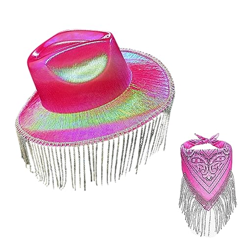 FGDTREE Schimmernde Quasten, Cowboyhut mit Kopftuch, Cowgirl-Hut, Western-Cowboy-Hut und Bandana-Set von FGDTREE