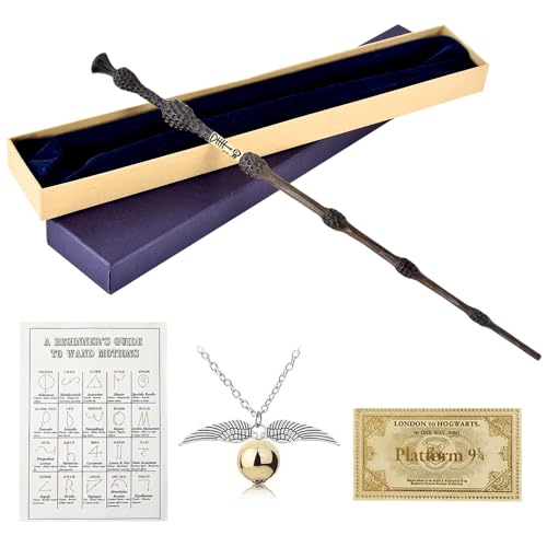 FGJCJ Dumbledore Zauberstab, 35CM Elderstab Harry aus Stahlkern und Harz, Elderstab HPotter Magic Stab, Zauberstab Dumbledore in Geschenkbox mit Zauberspruch-Karte, Halskette und Stationsticket von FGJCJ