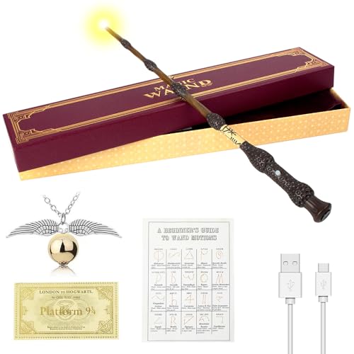 FGJCJ Elderstab Harry P-Otter, 37CM Dumbledore Zauberstab mit Licht, USB Aufladung Glühen Elderstab Harry, Zauberstab Dumbledore in Geschenkbox mit Zauberspruch-Karte, Stationsticket und Halskette von FGJCJ