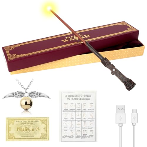 FGJCJ Harry Zauberstab, 37CM Zauberstab Harry P-Otter mit Licht, USB Aufladung Magic Glühen HPotter Zauberstäbe, Harry Stab in Geschenkbox mit Zauberspruch-Karte, Stationsticket und Halskette von FGJCJ