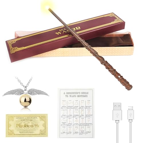 FGJCJ Hermine Zauberstab, 37CM Zauberstab Hermine Granger mit Licht, USB Aufladung Glühen Hermine Granger Zauberstab in Geschenkbox mit Zauberspruch-Karte, Stationsticket und Halskette von FGJCJ