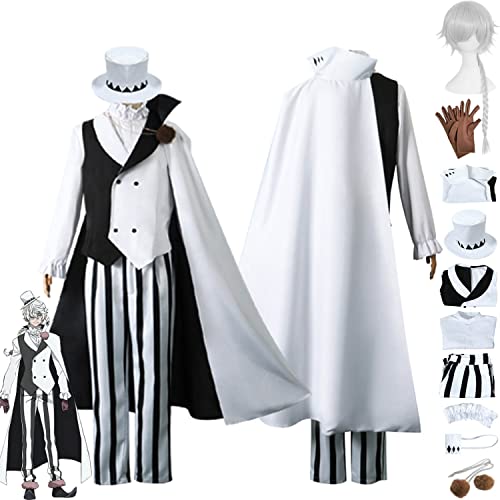 FGTXHYX Anime Bungou Stray Dogs 4. Staffel Nikolai Gogol Cosplay Kostüm Outfit Weiße Uniform Umhang Hut Perücke Augenmaske Komplettset Halloween Dress Up Anzug für Männer Jungen (S) von FGTXHYX