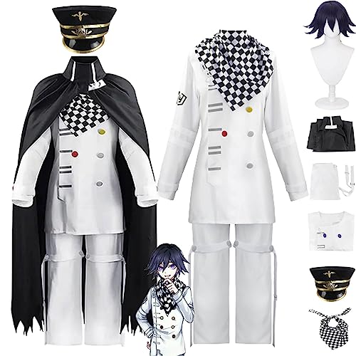 FGTXHYX Anime Charakter Kokichi Oma Cosplay Kostüm Outfit Danganronpa V3 Weiße Uniform Umhang Hut Perücke Komplettset Halloween Karneval Party Dress Up Anzug für Männer Jungen (XXL) von FGTXHYX