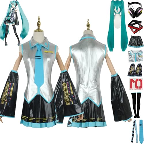 FGTXHYX Anime H'atsune M'iku Cosplay Kostüm Outfit Japanisch Anfänger Future Uniform Full Set Frauen Mädchen Halloween Dress Up Anzug mit Perücke/Kopfschmuck/Kopfhörer/Aufkleber (3XL) von FGTXHYX