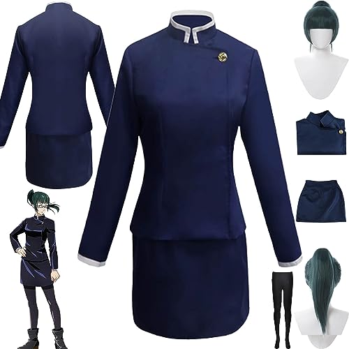 FGTXHYX Anime Jujutsu Kaisen Zenin Maki Cosplay Kostüm Outfit Kugisaki Nobara Blaue Uniform Komplettset Halloween Karneval Party Dress Up Anzug mit Perücke für Frauen Mädchen (S) von FGTXHYX