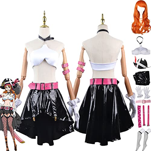 FGTXHYX Anime One Piece Film Red Nami Cosplay Kostüm Outfit Rollenspiel Battle Uniform Full Set Halloween Party Karneval Piratenkostüm mit Hut Perücke für Frauen Mädchen (L) von FGTXHYX