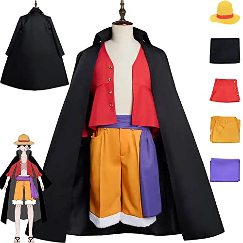 FGTXHYX Anime One Piece Monkey D. Luffy Cosplay Kostüm Outfit Rollenspiel Uniform Mantel Top Hose Hut Full Set Halloween Karneval Party Dress Up Anzug für Männer Jungen (XXL) von FGTXHYX
