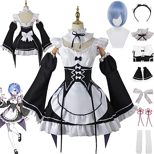 FGTXHYX Anime Rem Ram Cosplay Kostüm Outfit Re Life In A Different World From Zero Maid Dress Uniform Komplettes Set Halloween Party Dress Up Anzug mit Perücke für Frauen Mädchen (M) von FGTXHYX